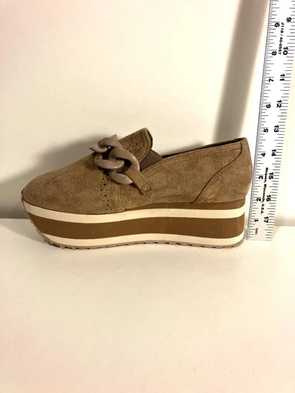 PIERRE DUMAS Taupe Suede Platform Slip-on Loafers.  Size 7.  NWoT.